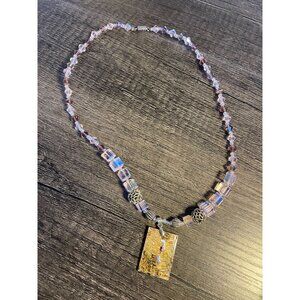 Beaded necklace with square pendant silver beads pink and purple beads resin